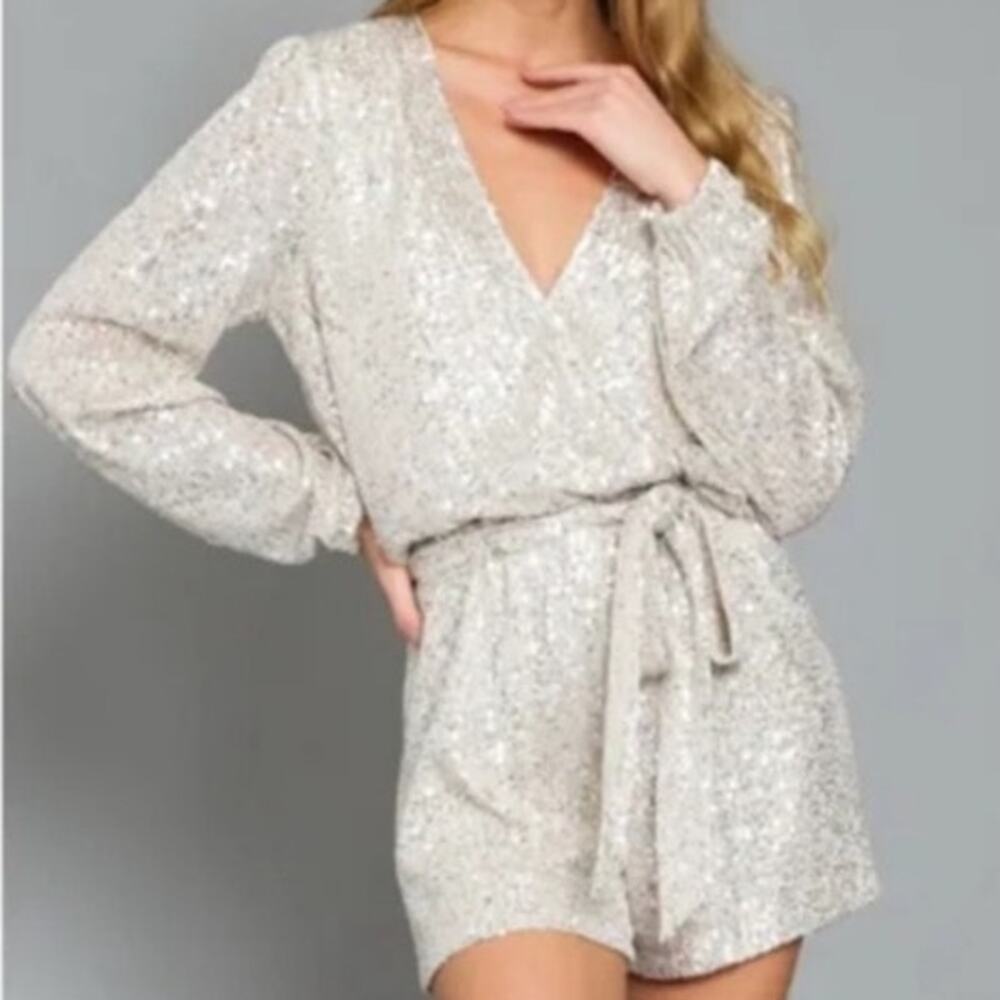 She + Sky Silver Sequin Faux Wrap Romper Sz M